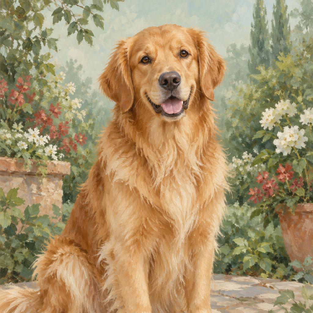 Painted portrait of a golden retriever with a long coat