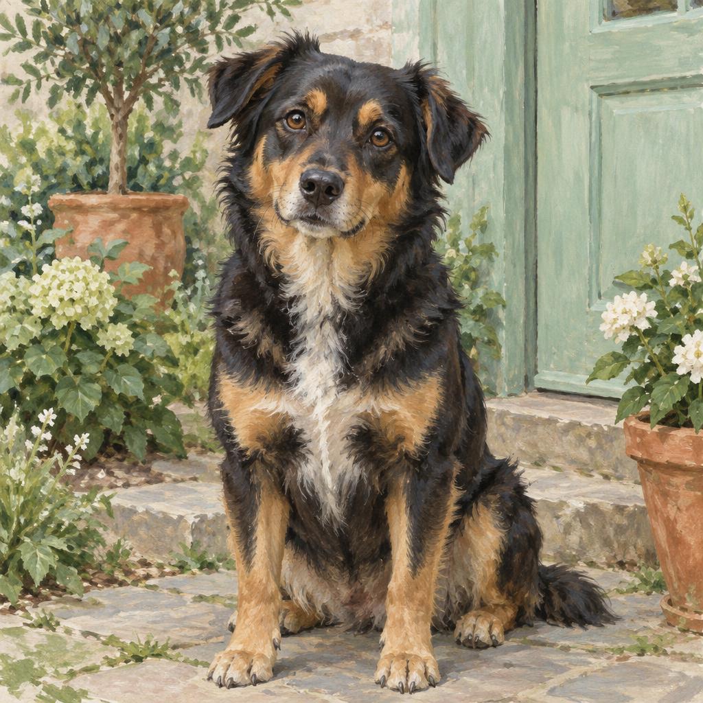 Painted portrait of a black-and-tan dog at home