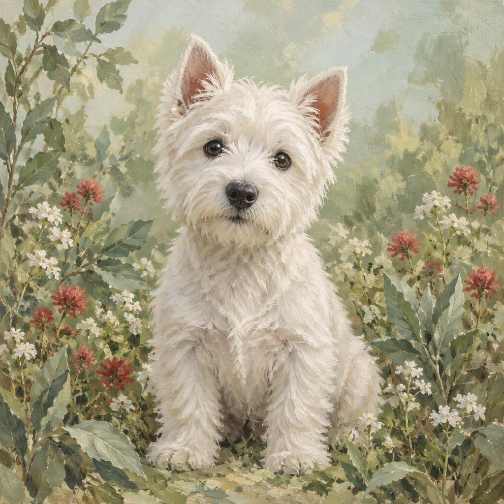Painted portrait of a white terrier puppy in a garden